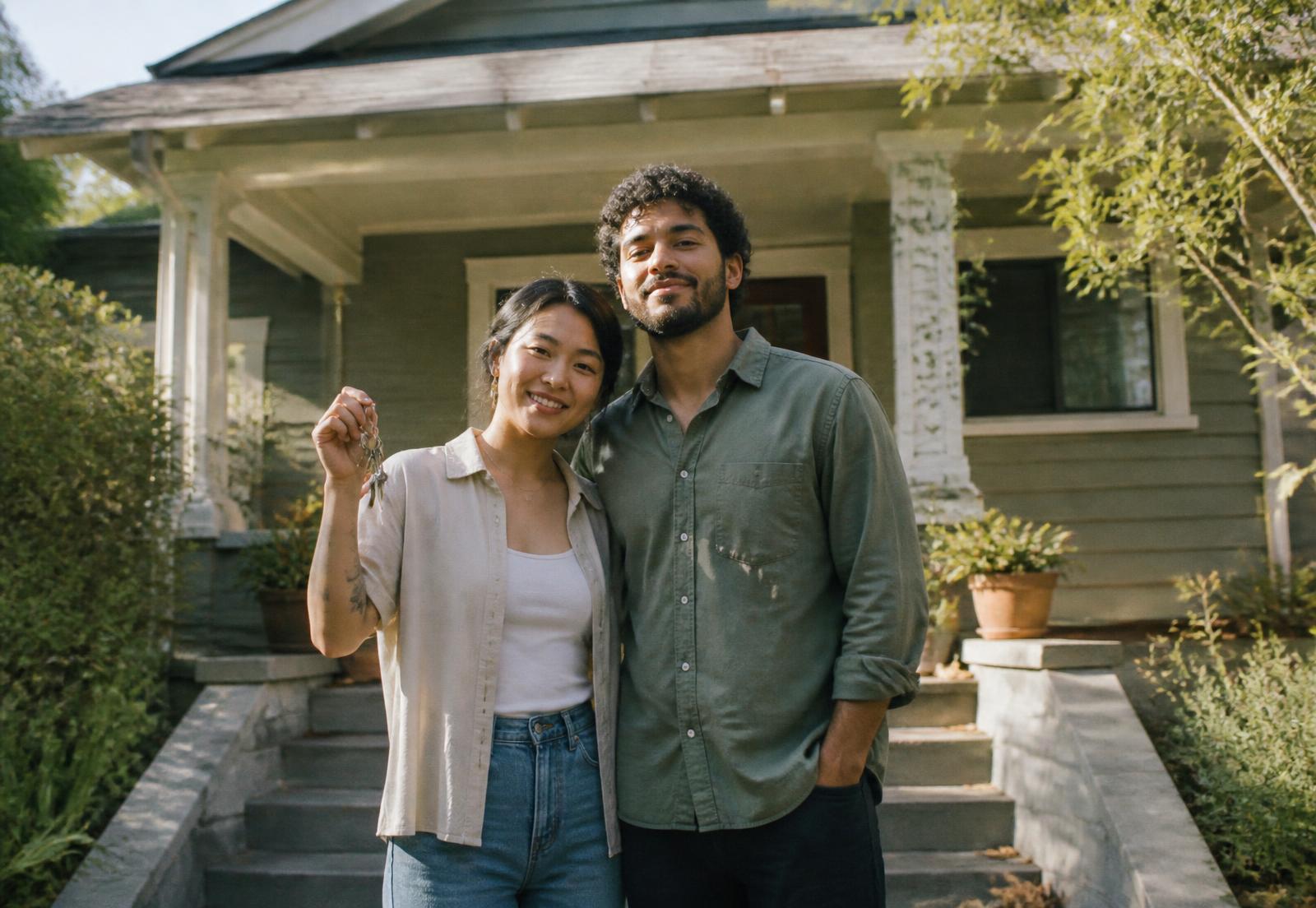 First-time home buyers holding keys on the front porch of their new house